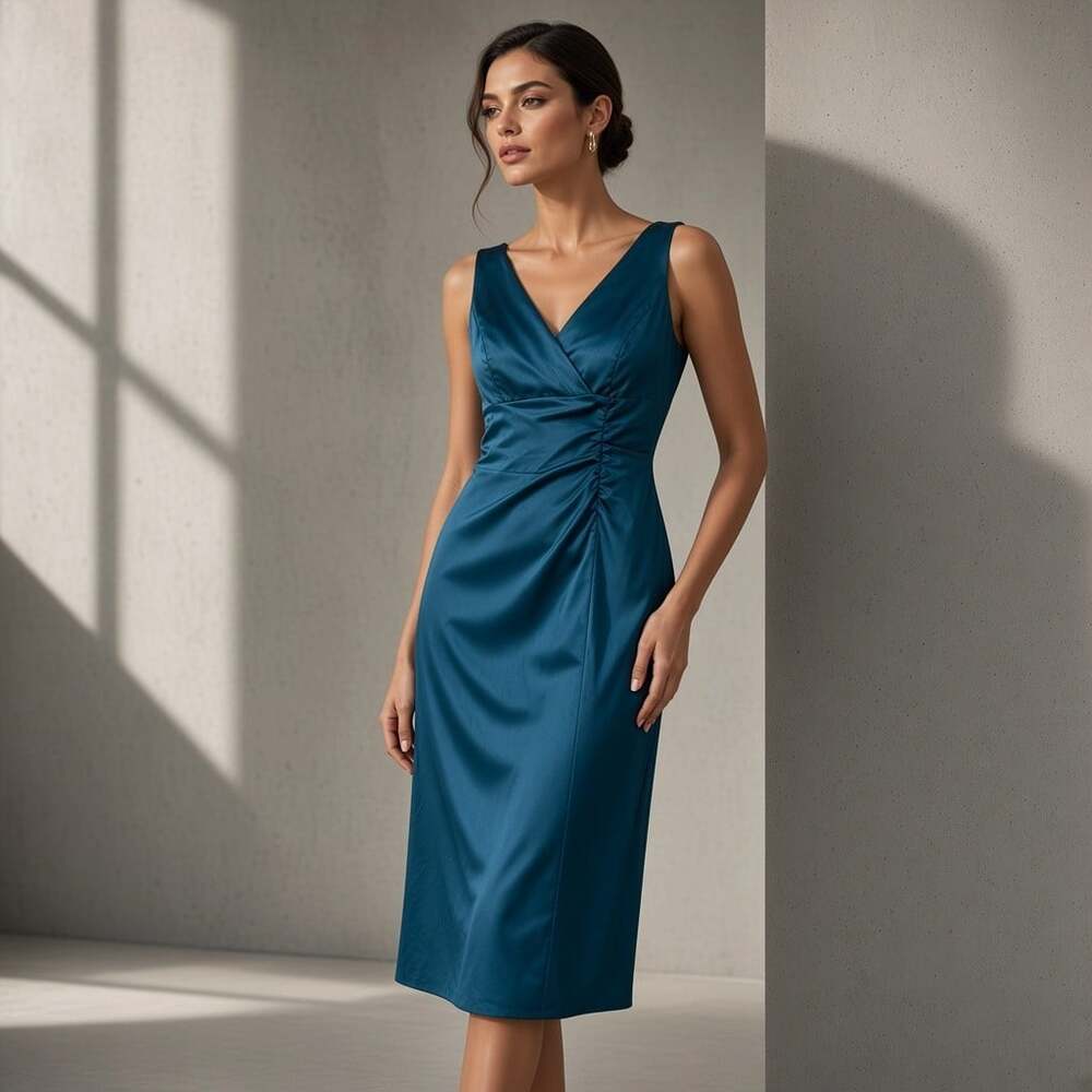 Donna Ricco NY Teal Satin Surplice Ruched Midi Dress Size 8 Wedding Homecoming